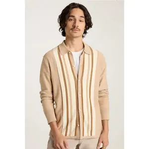 Men's sweater button up with collar - Camel Cashmere Stripe *Final Sale*