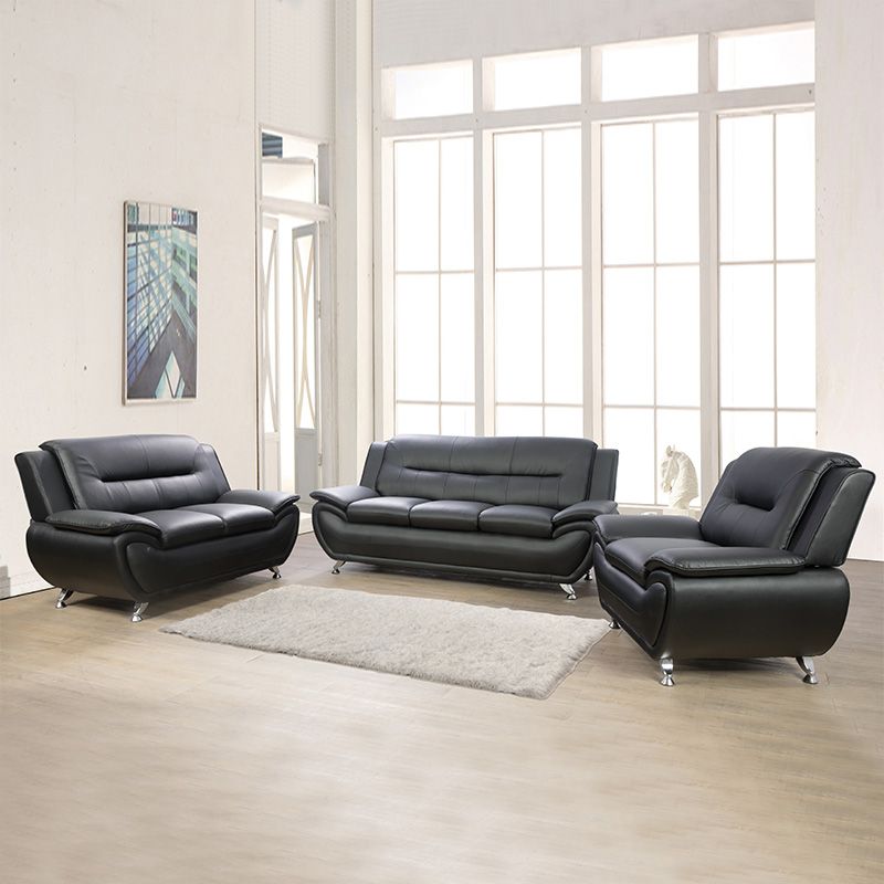 3-Piece Black PU Leather Sofa Set, Indoor Living Room Furniture Couch