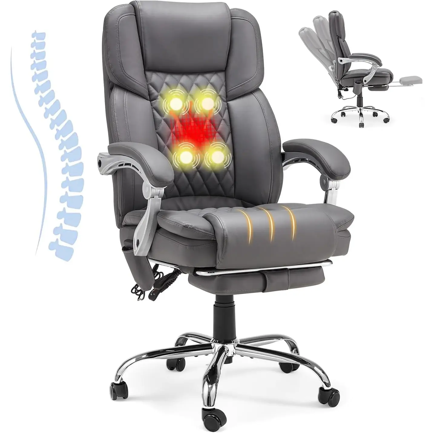Executive Office Chair with Lumbar Support - 4-Point Massage & Heated Function, Reclining Backrest for Home Office, Gray