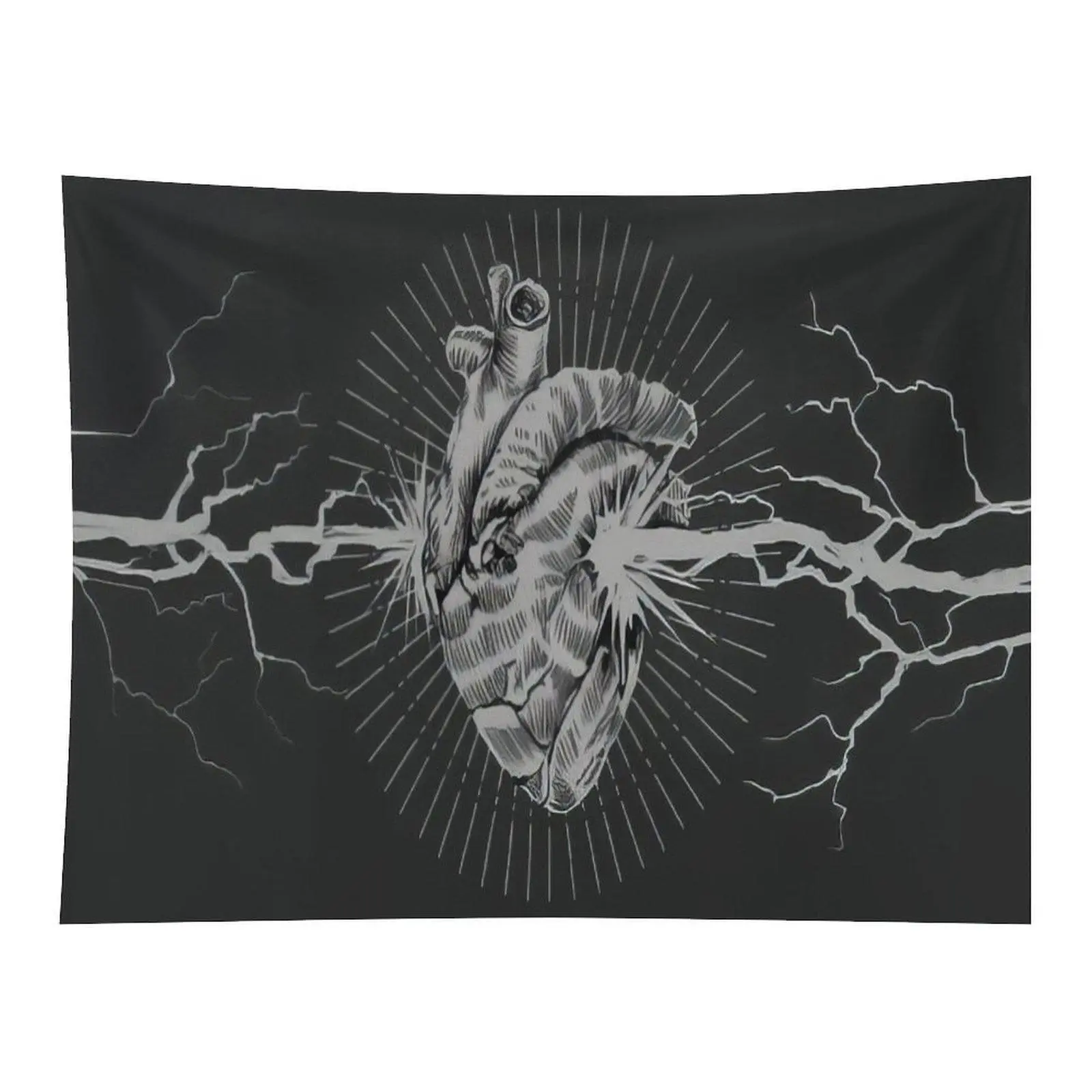 Black Background Anatomical Heart Wall Tapestry, Grey Thunder Lightning Bolts Radiant Sun Rays Design, Gothic Dark Aesthetic Wall Decor for Bedroom Dorm