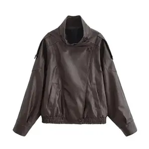 Autumn Women's Street Fashion Loose Leather Jacket Long Sleeves Turtleneck Zipper With Pockets Asymmetric Vintage Coats Can be used with raincoat