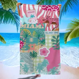 Vintage Patchwork Beach Towel, Tropical Miami Island Leopard Coconut Tree Print, Soft Absorbent Reusable Bath Towel for Pool Party Yoga