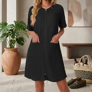 Women's Lightweight Knit Short Bathrobe with Zipper and Pockets - Soft Comfortable House Coat Nightgown for Home Lounge, Sizes S-XXL, Perfect for Relaxing, Spa, and Casual Wear