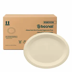 Bosnal - Sugarcane Bagasse Compostable 10 inch Oval Plates - Case of 20 (500 Pcs)
