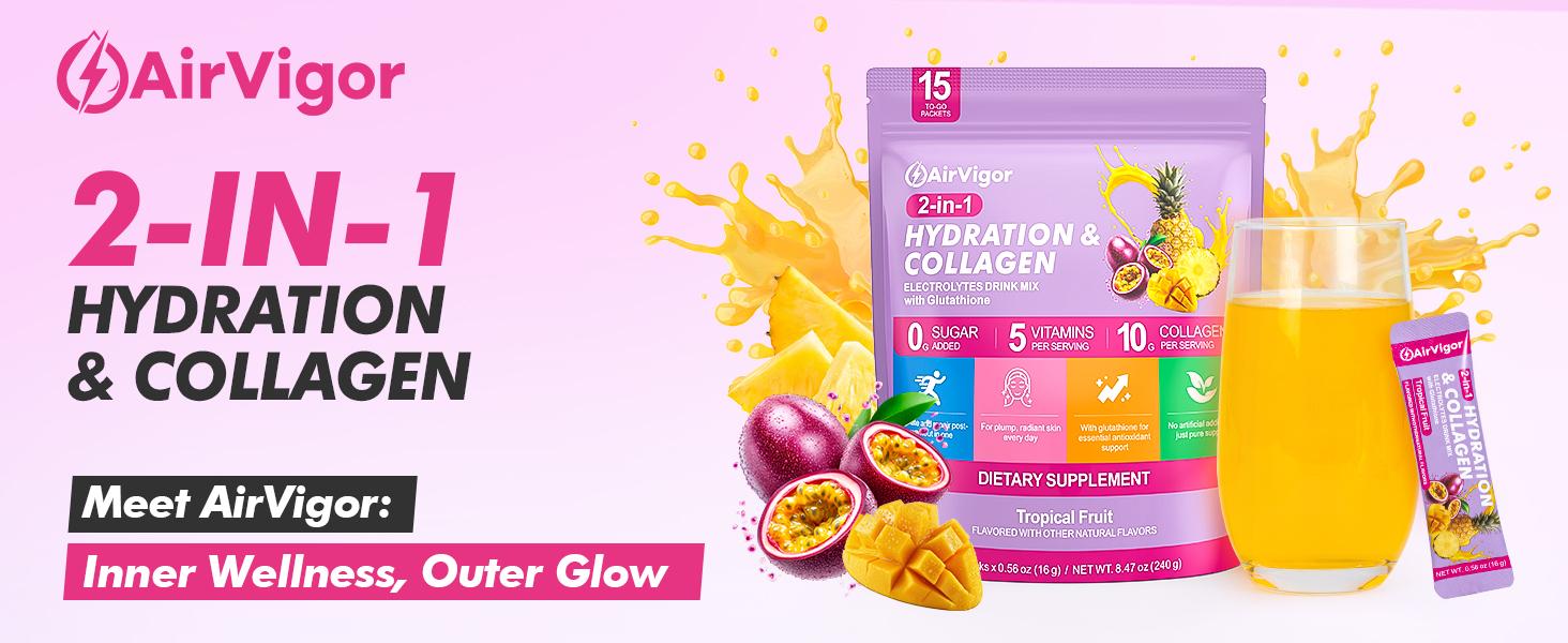 Electrolyte Energy Drink Mix Sticks - Gluten-Free, GMO-Free, No Sugar Added, 200mg Collagen Functional Beverage, 20 Packets for On-the-Go, Tropical Fruit & Lemon Lime Flavors, Healthier Choice for Daily Hydration