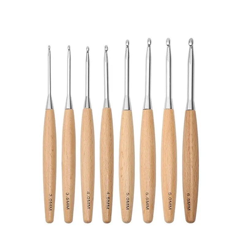 8Pcs Wood Crochet Hooks 3.0mm-6.5mm, Ergonomic Handle Crochet Hooks Set Knitting Supplies Handmade Crafts