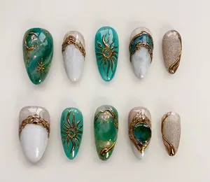 Spring Green Press On Nails Short Almond nails/Sun star Nails/Gold 3D Chrome Nails/Aura Nails/Cat Eye Nails/Bling Nails Damontaerichmondnails Iridescent Glitter