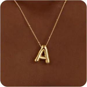 Gold Bubble Letter Necklace Initial Necklaces for Women, Chunky 14K Plated Balloon Initials, Trendy Charm Non Tarnish Custom Name Pendant Jewelry Gifts for Mom
