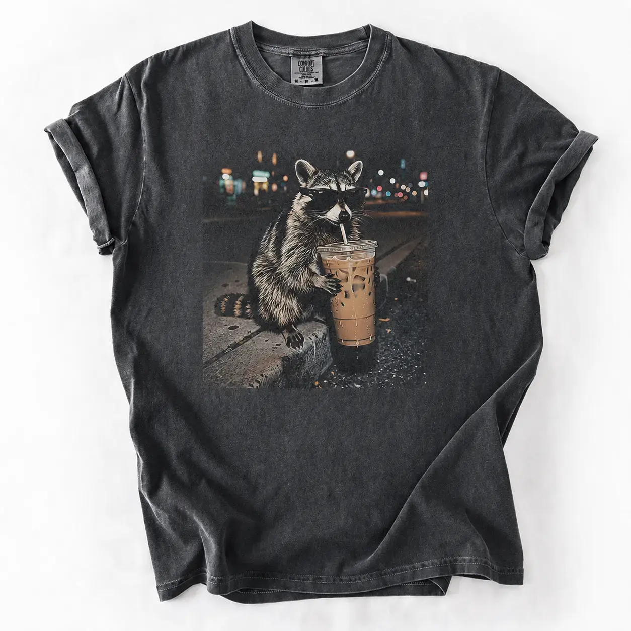 Men's Short-Sleeve Cotton Round Neck T-Shirt, Comfort Colors, 3 Raccoons Drinking Iced Coffee Graphic, Funny Gen-Themed Casual Menswear Top, Shortsleeve, Tshirt