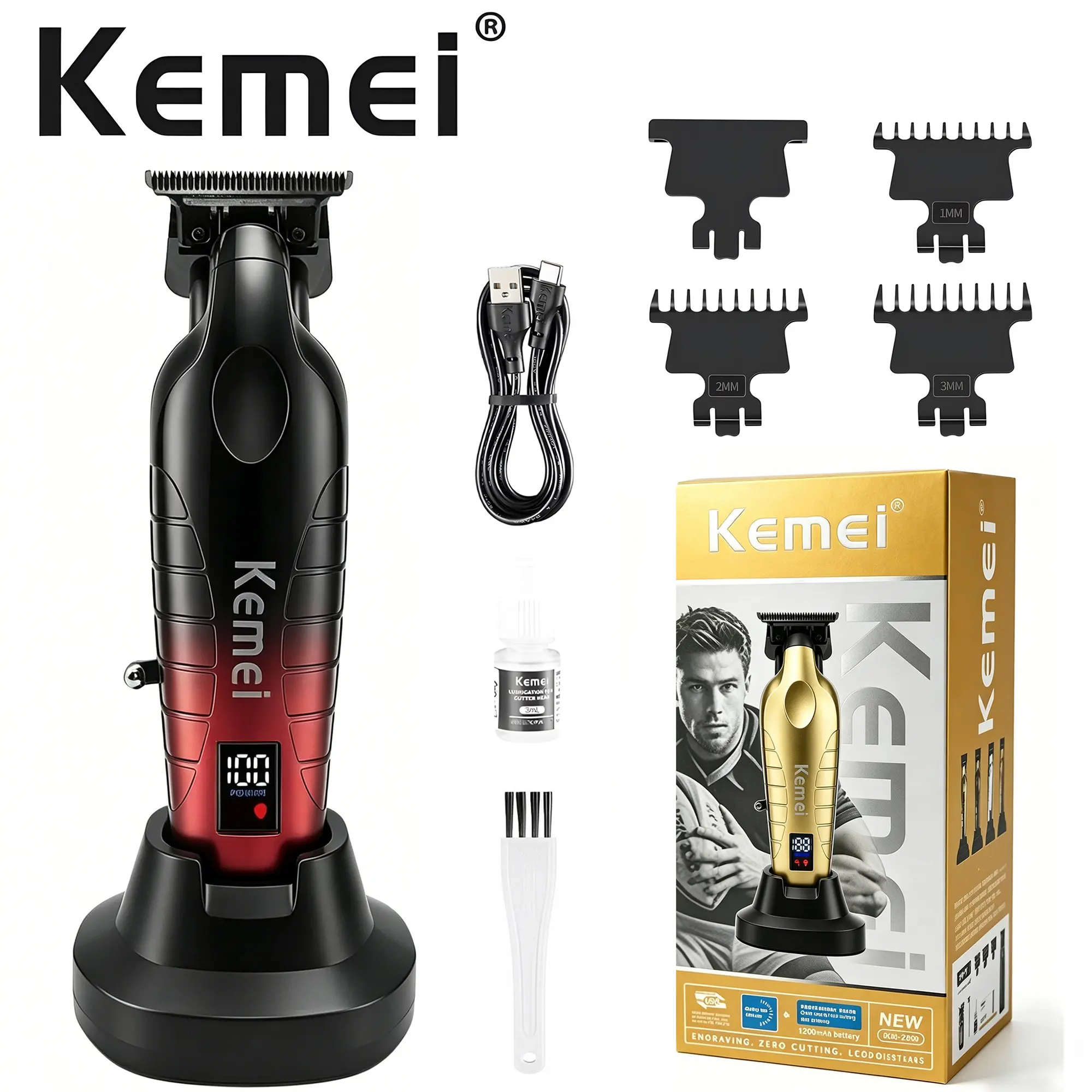 Professional Hair Clipper Kemei Km-Pg2499, Upgrade Model 2299/2293, Base Charging Design, Digital Display Trimmer, Comfortable Grip, Barber Tool, Cordless Barber Clipper, Cordless Hair Cutting, Barber Equipment