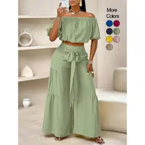 Women's Solid Color Top & Wide Leg Pants Set, Casual Off Shoulder Top & Palazzo Pants for Summer, Ladies Clothes for Beach Holiday Vacation, Womenswear..