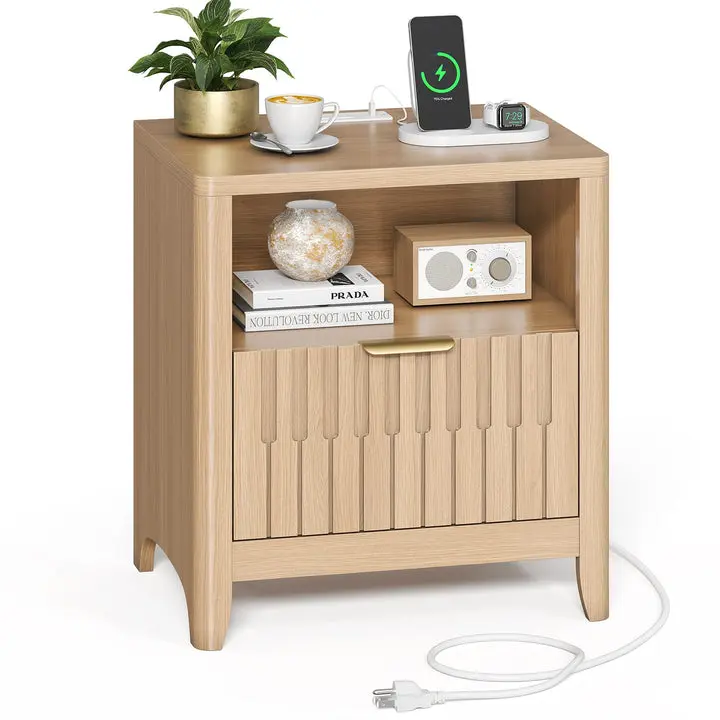 [SummerSale] Sikaic Fluted Nightstand with Charging Station & Open Shelf, Modern Bedside Table with Storage Drawer, Open Shelf & Curved Corners, Natural Oak, Home Furniture, Dorm Essentials