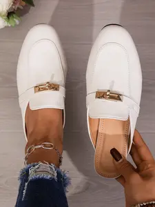 Women's Summer New Outdoor Chunky Heel Half Slip-On Flat Mules, PU Upper, PVC Sole, Medium Width, Solid Pattern, Batch Number 250323-006, Spring