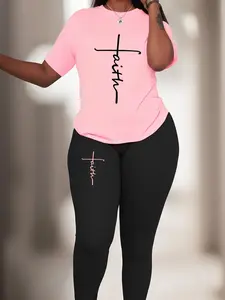 【Plus Size】 Two-Piece Set Letter Print Tee & Elastic Waist Leggings, Round Neck Short Sleeve T-shirt & Skinny Trousers, Casual Minimalist Summer Womenswear Clothes for Women, Casual Loungewear Set