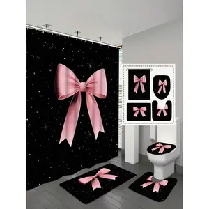 Polyester Pink Ribbon Bow Pattern Bathroom Set - 1/4 Pcs Including Shower Curtain, Bath Mat, Toilet Lid Cover, U-Shaped Mat