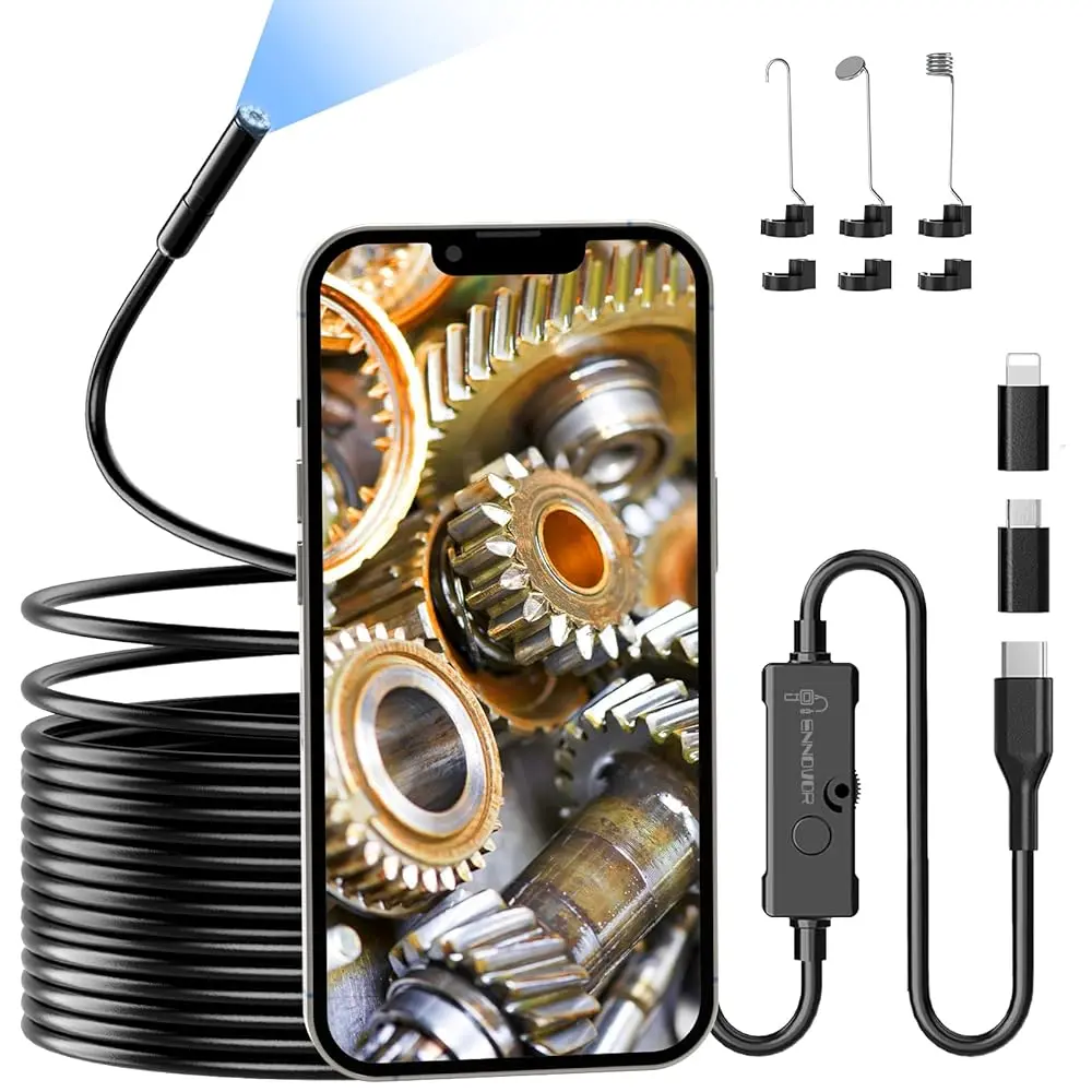 HD Video Endoscope Camera with Light, Adjustable LED Borescope, Waterproof Semi-Rigid Inspection Camera for iOS & Android