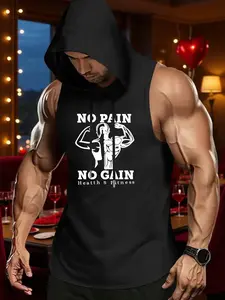 Men's No Pain No Gain Sleeveless Hoodie, Gym Motivational Streetwear, Muscle Print Casual Fashion, Elastic Comfort Fabric, Sleeveless Gym Tops