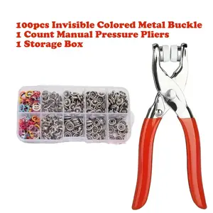 Buttons & Pliers Tool Kit,Including 100pcs Invisible Colored Metal Buckle & 1 Count Manual Pressure Pliers,Household Sewing Accessories for DIY Handicraft Clothing & Hat,Seamless Stitching Sewing Kit Tools,Sewing Supplies Crafts.