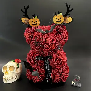 1pc DIY Halloween Themed Creative Handmade Faux Eternal Rose Hugging Bear, Bat, Spider, Witch hat, Pumpkin, Ghost, Bouquet Decoration DIY Artificial Flower Bear, Romantic Gift for Halloween Surprise, Valentine's Day, Wedding Decor, Home Decoration