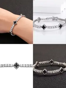 【PANG Jewelry】Lucky Four Leaf Clover Tennis Bracelet with Cubic Zirconia, Adjustable Dainty Chain for Women, Elegant Stackable Wrist Jewelry Gift