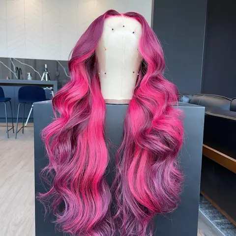 Aodbar Synthetic Glueless Lace Front Wig - 28in Pink & Burgundy Ombre Highlight Body Wave, 13*4 Transparent Lace, Heat-Resistant Fiber, Rose Quartz Hair Wig for Daily & Party Use