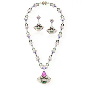 Waterproof Jewelry Accessories Women's Indian Set Purple Fan Shaped Zircon Plated Dubai Necklace Earrings Accessories