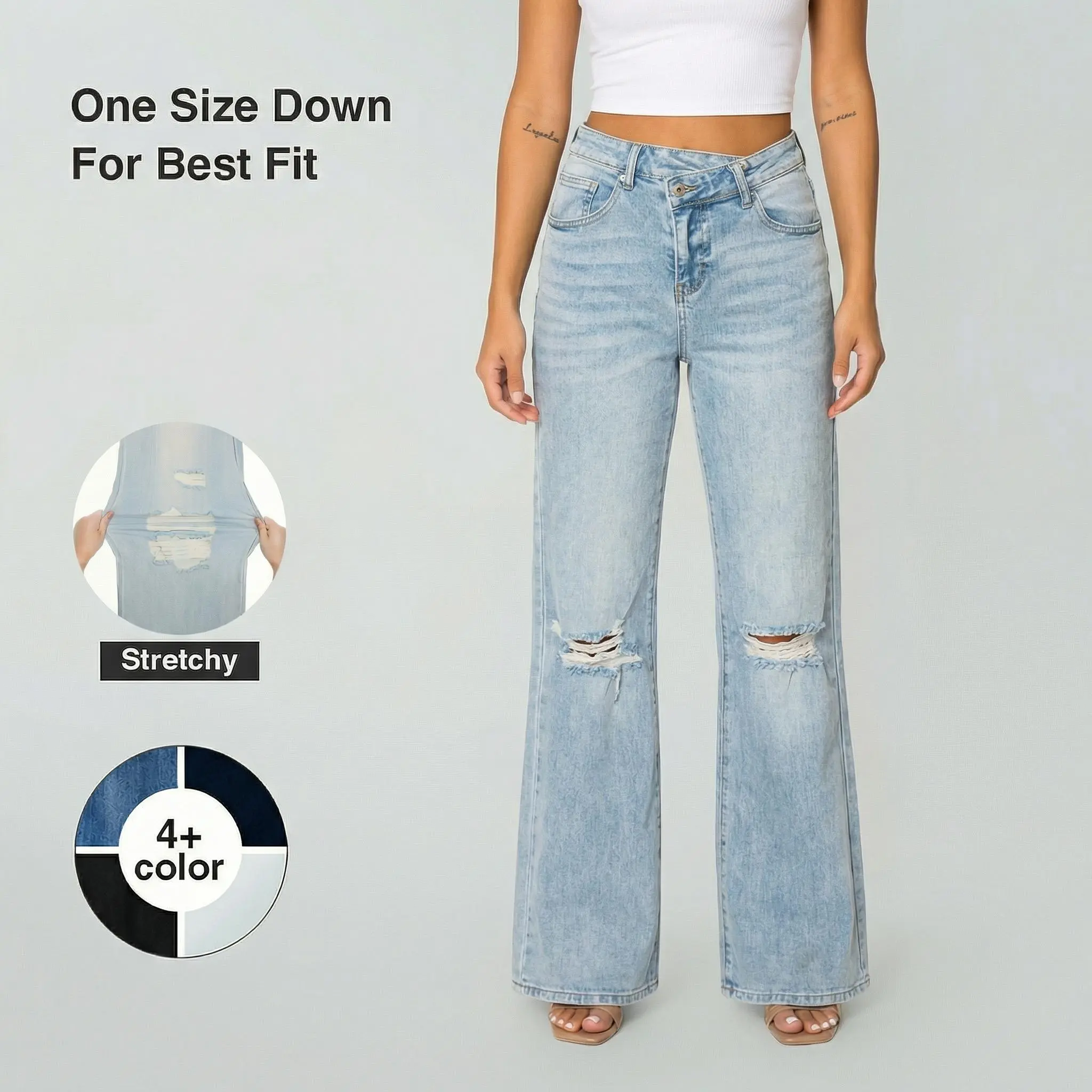 CANANA Stretchy High Rise Crossover Tapered Ripped Bootcut Jeans