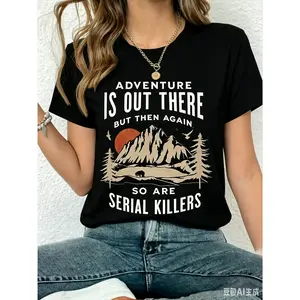 Unisex Round Neck Short-Sleeve Cotton T-Shirt - "Adventure Is Out There" Mountain Hiking Graphic, Retro Outdoor Nature Print, Oversized Casual Clothes for Hikers & Streetwear Enthusiasts