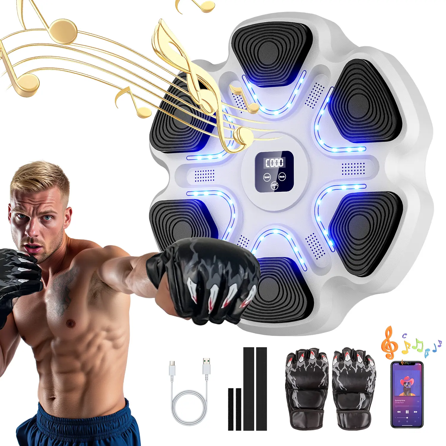 2025 New LED Lighting Bluetooth Smart Music Boxing Machine with Gloves & Protective Gear, Wall-Mount Home Gym for Training, Stress Relief Cardio, Father’s Day Gift Kids Exercise Equipment