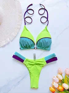 Two-Piece Set Women's Colorblock Halter Bikini Set, Swimsuit Style Bikini, Casual Tie Back Swim Top & High Cut Swim Bottom Two-piece Swimsuit for Beach Holiday Vacation, Ladies Swimwear for All Seasons