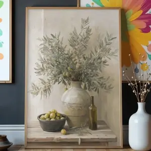 Mediterranean Olive Branch Wall Art, Rustic Still Life Print, Vintage Kitchen Decor, French Cottage Style