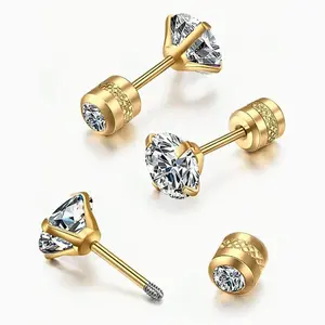 1 Pair Gold Plated Screw Stud Earrings for Men and Women, Small Cartilage Bar Hypoallergenic Spiral Shape Double Round Cubic Zirconia Stones, Jewelry