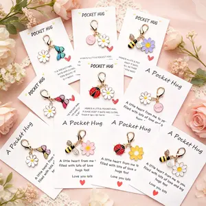 10Pcs Pocket Hug Keychain Gifts with Inspirational Blessing Cards - Cute Insect Flower Charms for Employee Appreciation & Party Favors-MM2