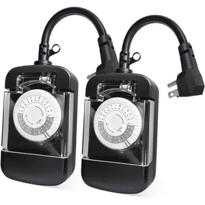 24 Hour Outdoor Mechanical Timer  with Two Ground Outlets, Variable /Off Setting Every 30 Minutes, 48 Pin Setting Dial, Up to 24 Events Per Day,ETL Listed,Black