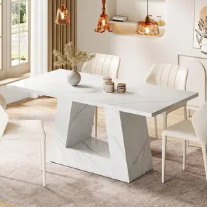White Faux Marble Rectangular Dining Table, 63-Inch Modern Kitchen Dinner Table For 4 To 6 People, Sturdy Metal Frame Construction, Contemporary Style For Living Room Or Dining Area