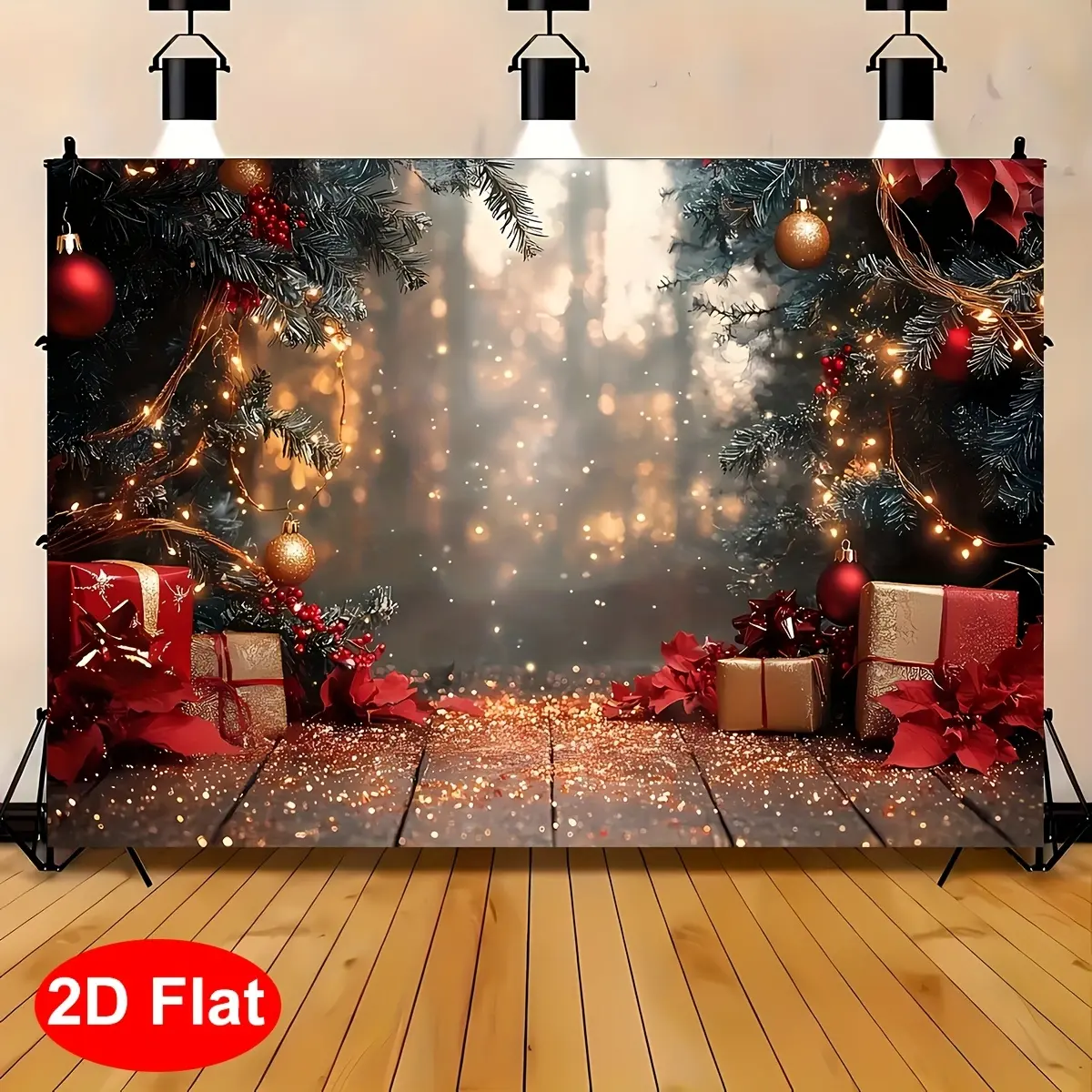 Christmas 2D Flat Vinyl Banner Backdrop with Christmas Print Panels, Tree, Maple Leaves, Gifts - 1pc Holiday Party & Photography Background Cloth