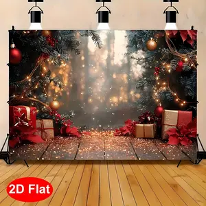 [Christmas Banner Backdrop] Christmas 2D Flat Banner | 1pc Vinyl Backdrop with Tree, Maple Leaves, and Gifts - Perfect for Holiday Parties and Photography Background Cloth
