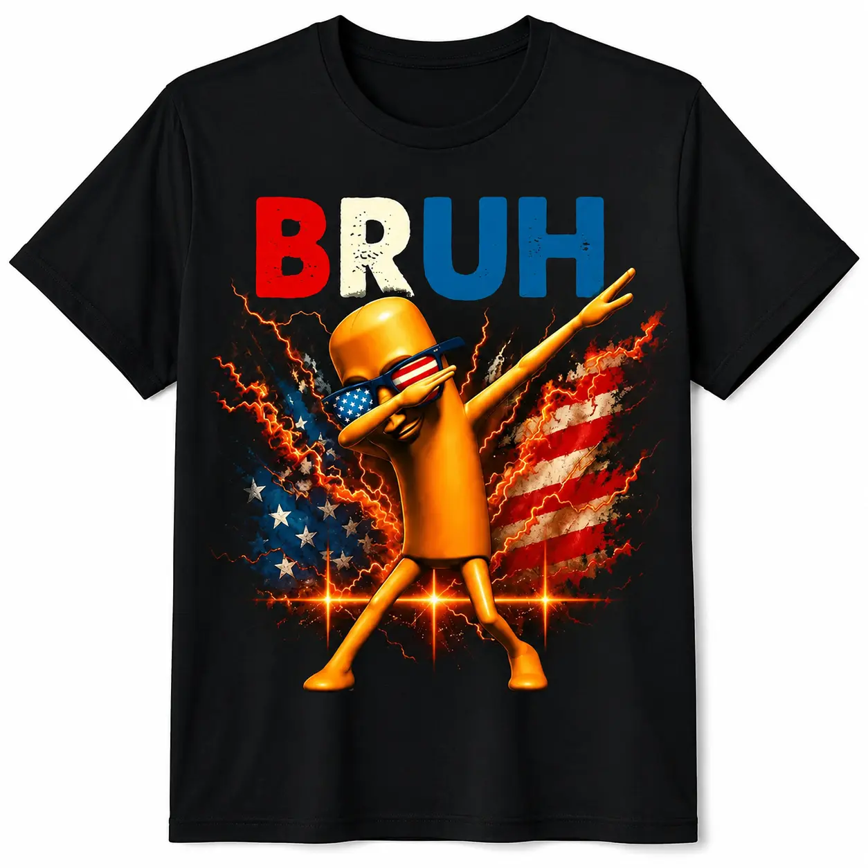 Men's Short-Sleeve 100% Cotton Sports T-Shirt -Bruh Menswear, Casual Wear, Breathable Premium Soft Unisex Round Neck Graphic Print Top with Bruh Dab Hot Dog American Flag Patriotic Design