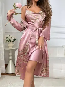 @Shopwithjulie Collection 2 Piece Set Women's Fitted Casual Floral Print Pyjama Set, Girl Nightwear, Cowl Neck Cami Nightdress & Belted Pj Robe, Fall Outfits, Women Sleepwear Loungewear Set, Lounge Set , Pajama Sets Women, Plz Order A Size Up