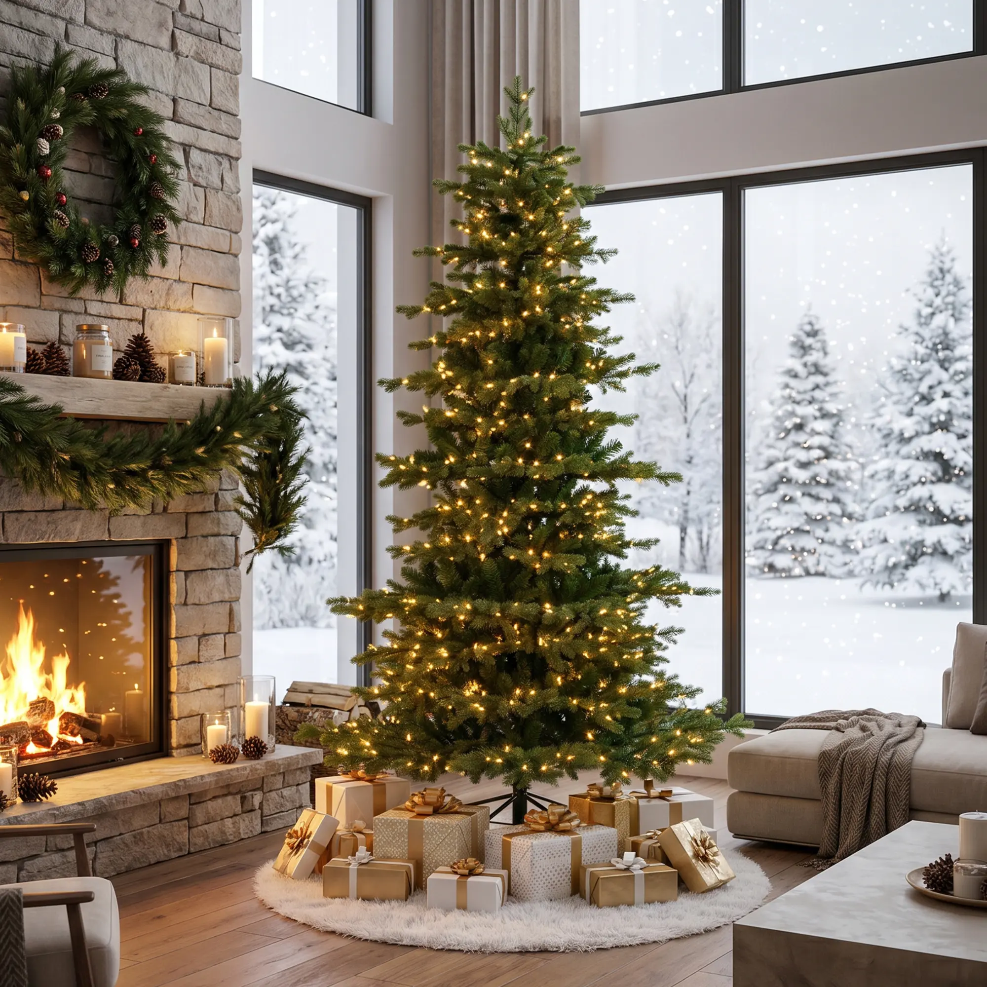 【Christmas in July】 Glitzhome 7.5ft/9ft Pre-Lit Green Full Fir Artificial Christmas Tree with Warm White and Multi-Color C4 Strawberry Lights, 9 Function with Foot Pedal