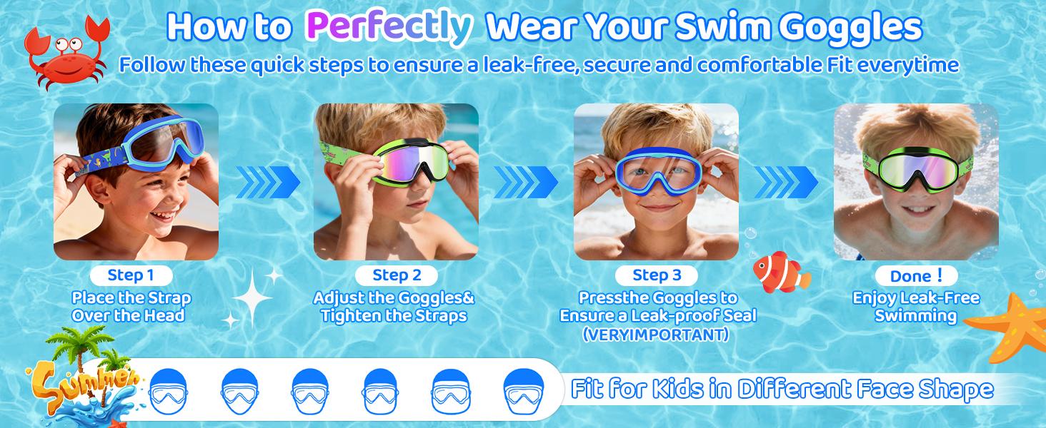 [Spring Shine]Vvinca Kids pool accessories with Comfort Fabric Strap, Kids Swim Goggles Wide View Anti-Fog/UV No Leaking Swimming Goggles for 3-12 swimming goggles Swimminggoggles