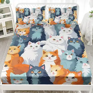 Ailonen Cat Fitted Sheet Set Queen Size, Cute Cat Bed Sheet Set, Playful Touch, Boys Girls Cartoon Cat Sheets, 3 Piece Bedding Set, 1 Fitted Sheet & 2 Pillowcases