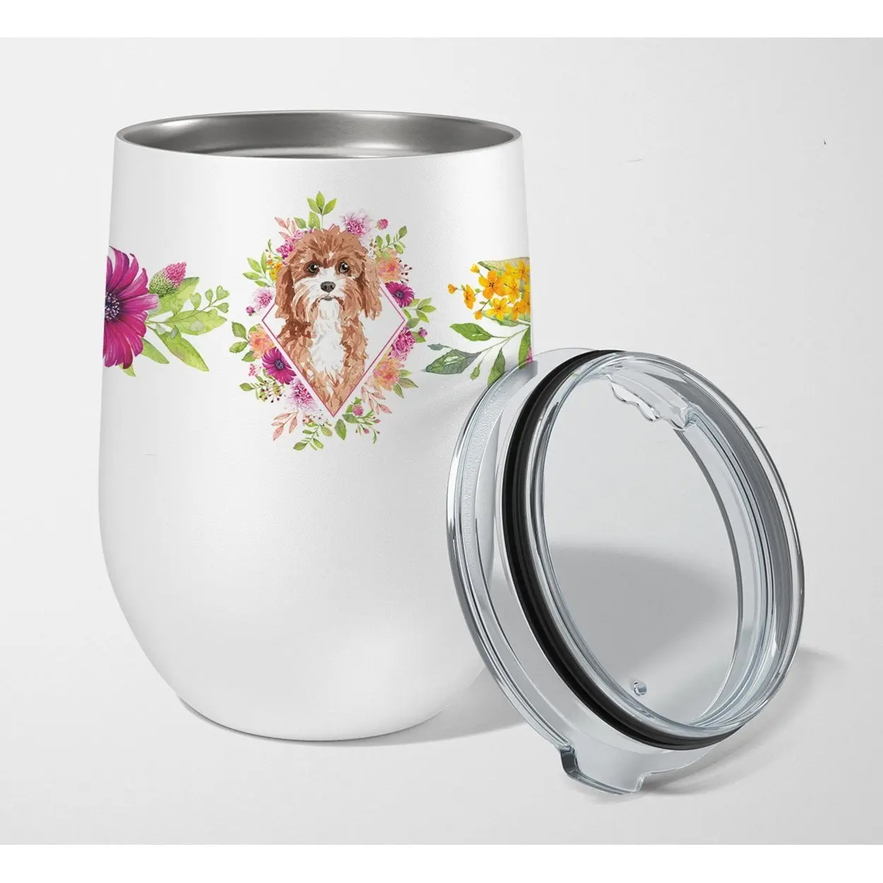 Carolines Treasures CK4247TBL12 Insulated 12 oz Cavapoo Pink Flowers Stainless Steel Stemless Wine Tumbler with Lid