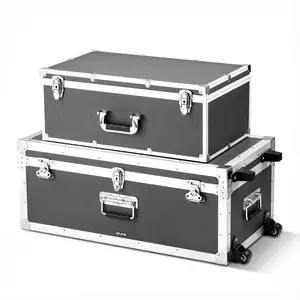 VEVOR Metal Storage Trunk, Set of 2, Wooden Suitcase Storage Boxes with Padlocks, Large Trunk Includes Casters and 3 Metal Handles, Decorative Store Chest with Lids for Travel, Apartment, Dorm, Gray