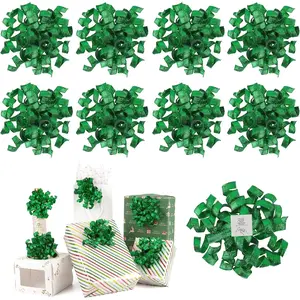 Green Curly Bows for  Wrapping 5'' Christmas  Bows Metallic Burst Bows Self Adhesive Bows for  Presents Crafts Christmas Party Favors, 8 count