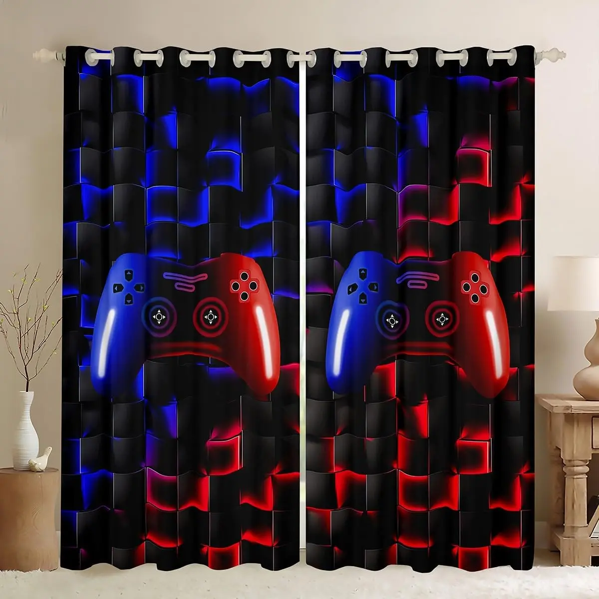 Feelyou 2-Panel Velvet Blackout Curtain for Windows - 50% Light Blocking Smooth Fabric, Privacy Grommets, Red Blue Black Geometric Print, Gamer Bedroom Multi-Size Window Treatment