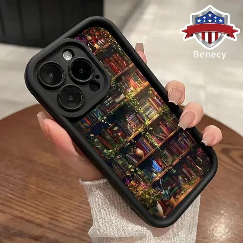Vintage Botanical Library Bookshelf Phone Case for iPhone 17 16 15 14 13 12 11 XR XS Pro Max Plus Air Shockproof Camera Protection Durable Soft TPU Cover