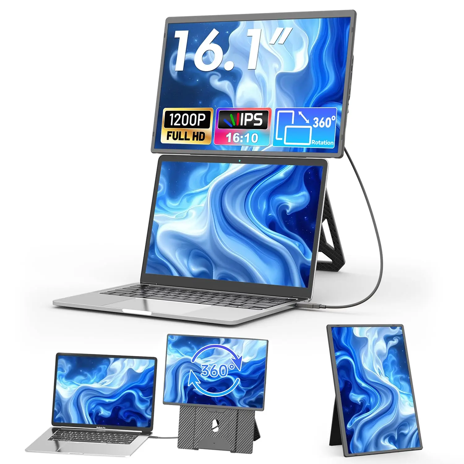 Siaviala Full HD Narrow Bezels Multi-Port Portable Computer Monitor, 16in 1200P Up & Down Adjustable 360° Rotating Display Stand, Travel Screen for Windows/PC/Mac