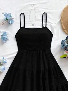 Women's Summer New Backless Thin Strap Solid Color Versatile Textured Dress, Wrinkled Tank Dress, Elegant Choice