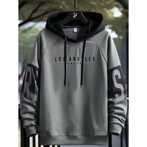 Men's Raglan Sleeve Hoodie with Drawstring, Comfortable Casual Daily Wear, Fashion Trendy Hooded Sweatshirt, Letter Graphic Design
